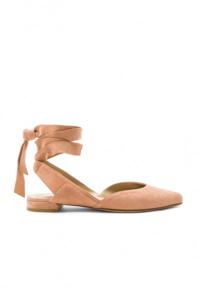 STUART WEITZMAN SUPERSONIC FLAT NAKED SUEDE. Nude ankle tie/wrap flats | chic summer shoes