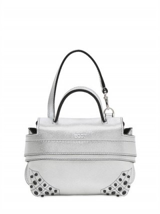 TOD’S MICRO WAVE METALLIC LEATHER BAG – small luxe silver handbags – luxury mini top handle bags – designer accessories - flipped