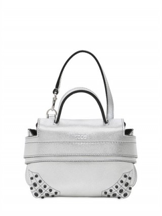 TOD’S MICRO WAVE METALLIC LEATHER BAG – small luxe silver handbags – luxury mini top handle bags – designer accessories