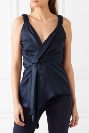 VICTORIA BECKHAM Wrap-effect draped silk-twill top. Dark blue sleeveless tops | plunge V-neck | asymmetric front - flipped