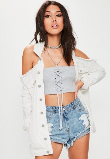 missguided white cut out cold shoulder trucker denim jacket ~ frayed jackets - flipped