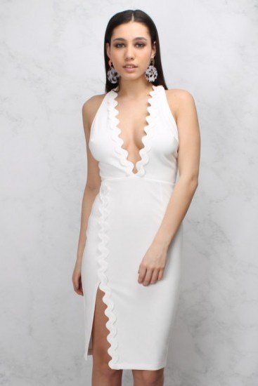 Rare White Wavy Trim Plunge Midi Dress. Deep V-neckline dresses | plunging necklines | going out fashion | glamorous evening wear - flipped