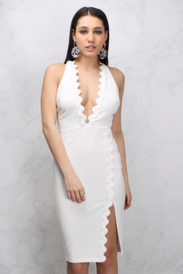 Rare White Wavy Trim Plunge Midi Dress. Deep V-neckline dresses | plunging necklines | going out fashion | glamorous evening wear