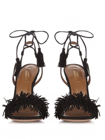 AQUAZZURA Wild Thing fringed suede sandals – chic black shoes – ankle wrap – fringe sandal – tasseled ankle ties – strappy high heels p - flipped