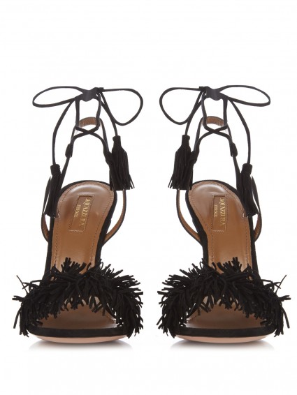 AQUAZZURA Wild Thing fringed suede sandals – chic black shoes – ankle wrap – fringe sandal – tasseled ankle ties – strappy high heels p