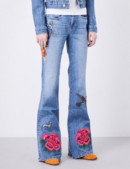 3X1 W25 flared mid-rise jeans. Floral embroidered blue denim | Emi | flares - flipped