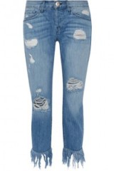 3X1 WM3 Crop Fringe distressed mid-rise straight-leg jeans. Distressed Blue denim | long frayed hem | destroyed | ripped | cropped | crop leg