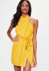 missguided yellow cross front satin mini dress – party dresses