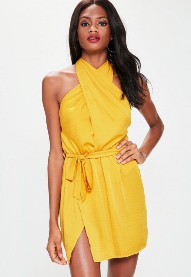 missguided yellow cross front satin mini dress – party dresses - flipped