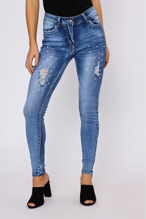 In The Style ALEESHA MID WASH PEARL EMBELLISHED SKINNY JEANS - flipped