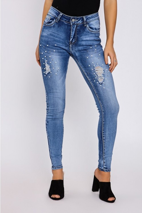 In The Style ALEESHA MID WASH PEARL EMBELLISHED SKINNY JEANS