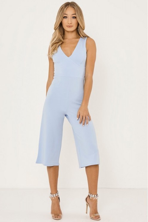 In The Style ALOYSIA BLUE PLUNGE FRONT CULOTTE JUMPSUIT - flipped
