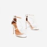 EGO Alyssa Perspex Heel In White Faux Leather, strappy high heels, ankle strap sandals