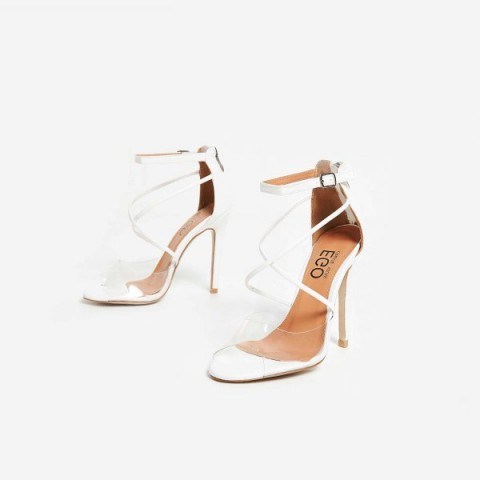 EGO Alyssa Perspex Heel In White Faux Leather, strappy high heels, ankle strap sandals - flipped