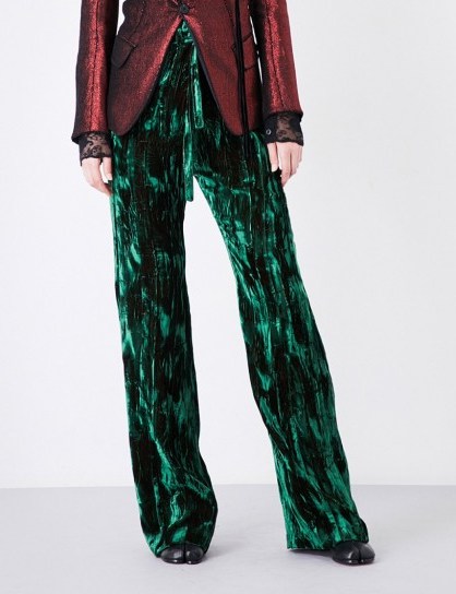 ANN DEMEULEMEESTER Wide-leg crushed-velvet trousers | emerald-green trousers - flipped