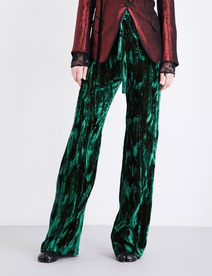 ANN DEMEULEMEESTER Wide-leg crushed-velvet trousers | emerald-green trousers