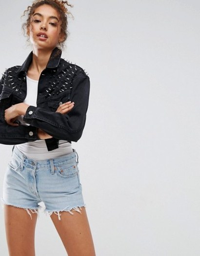 ASOS Denim Cropped Jacket in Washed Black With Studs - flipped