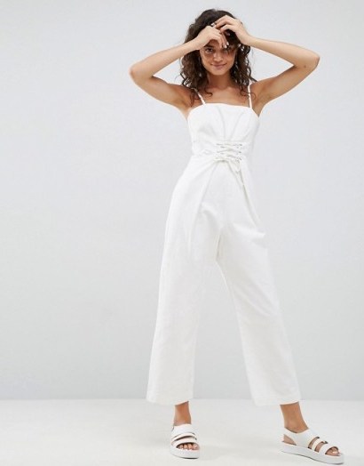 ASOS Denim Jumpsuit With Corset Detail in Off White. Thin strap jumpsuits | crop leg | cropped | casual summer fashion - flipped
