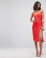 ASOS Hammered Satin Strappy Pencil Midi Dress – red cami going out dresses