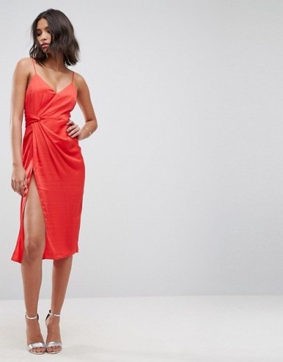 ASOS Hammered Satin Strappy Pencil Midi Dress – red cami going out dresses - flipped