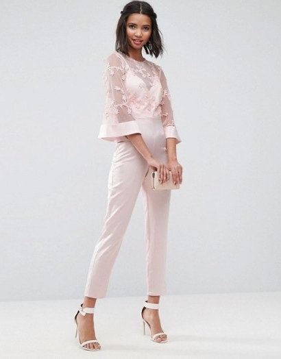ASOS Jumpsuit with Lace Bodice and Contrast Satin Trouser in Smokey pink ~ semi sheer luxe style jumpsuits - flipped