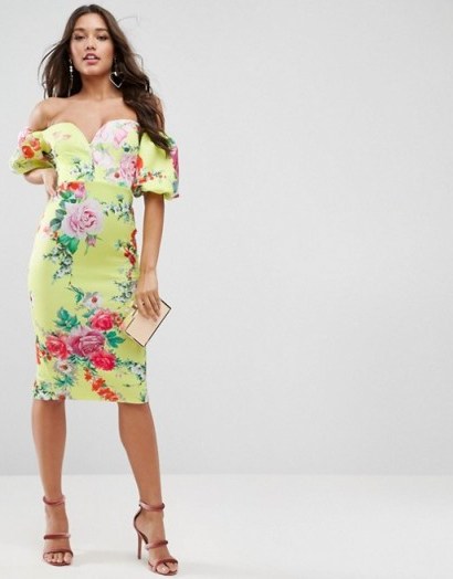 ASOS PREMIUM Floral Bardot with Puff Sleeve Midi Dress – yellow off the shoulder party dresses - flipped