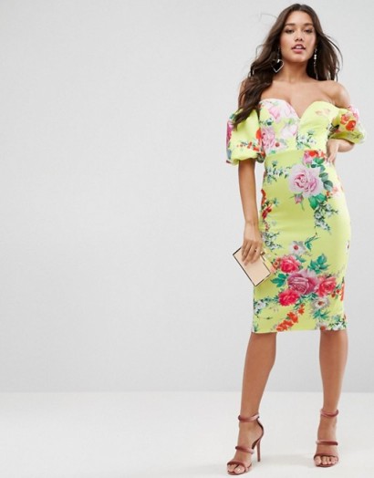 ASOS PREMIUM Floral Bardot with Puff Sleeve Midi Dress – yellow off the shoulder party dresses