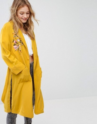 Bershka Embroidered Kimono Jacket | lightweight yellow coats | long oriental style jackets - flipped