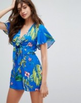 Bershka Tropical Printed Playsuit | blue floral plunge front playsuits