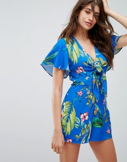 Bershka Tropical Printed Playsuit | blue floral plunge front playsuits - flipped