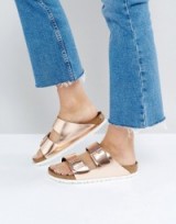 Birkenstock Arizona Metallic Copper Leather Flat Sandals – slip on summer shoes – luxe holiday slides