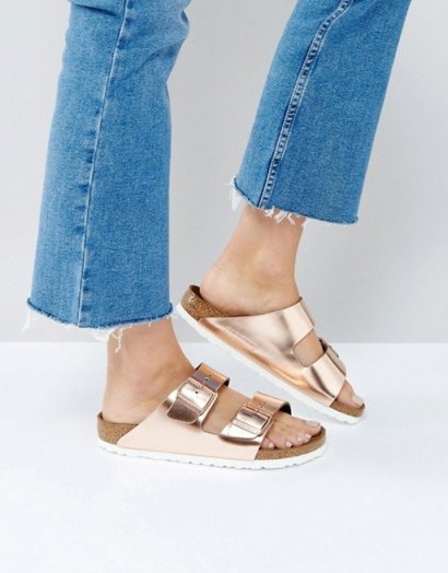 Birkenstock Arizona Metallic Copper Leather Flat Sandals – slip on summer shoes – luxe holiday slides - flipped