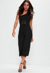 Missguided black asymmetric corset detail culotte jumpsuit ~ party fashion ~ one shoulder cropped leg jumpsuits
