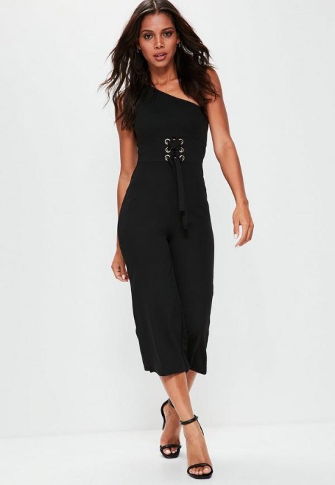 Missguided black asymmetric corset detail culotte jumpsuit ~ party fashion ~ one shoulder cropped leg jumpsuits - flipped