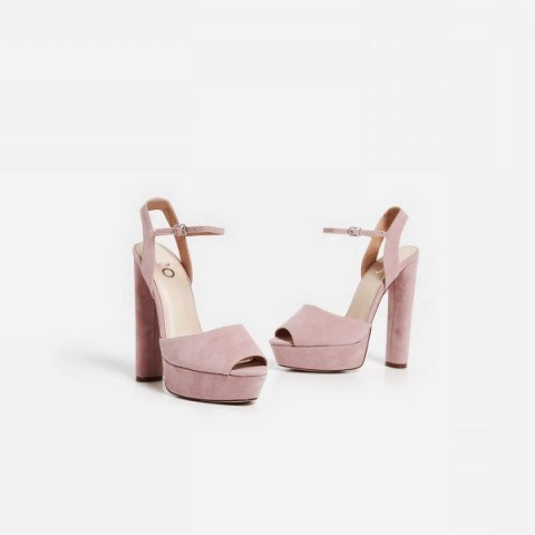 EGO Bloom Peep Toe Platform Heel In Blush Faux Suede, pale pink platforms, chunky high heels - flipped