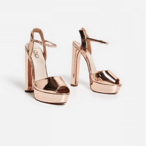 EGO Bloom Peep Toe Platform Heel In Rose Gold Faux Leather | luxe style metallic platforms - flipped