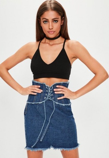 Missguided blue corset denim skirt ~ front lace up skirts - flipped