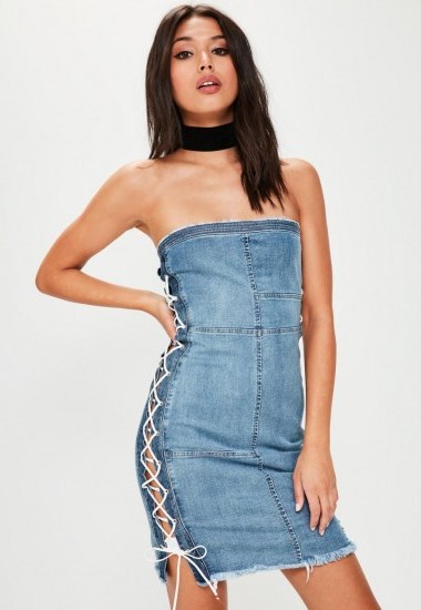missguided blue denim lace up side sleeveless dress - flipped