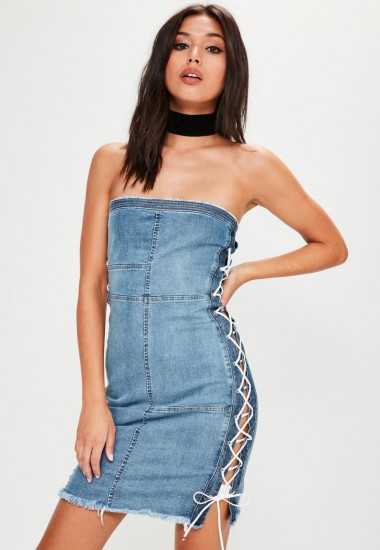 missguided blue denim lace up side sleeveless dress