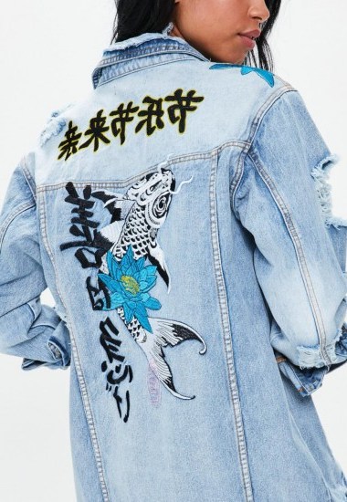 missguided blue embroidered dropped shoulder denim trucker jacket - flipped