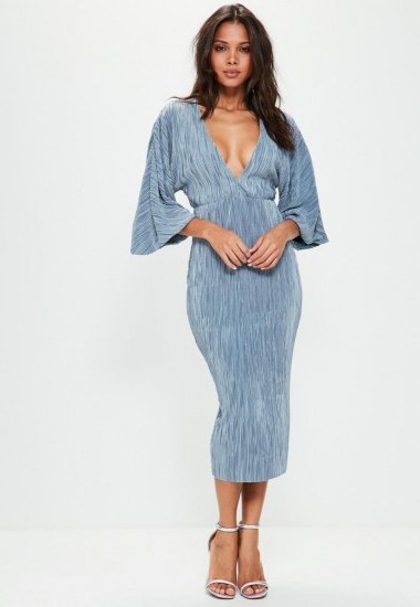 Missguided blue flared pleated plunge midi dress - flipped