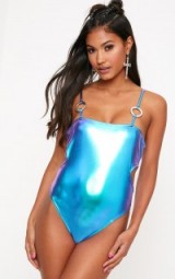 Pretty Little Thing BLUE METALLIC RING DETAIL THONG BODYSUIT, fitted strappy boddysuits