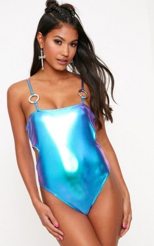 Pretty Little Thing BLUE METALLIC RING DETAIL THONG BODYSUIT, fitted strappy boddysuits - flipped