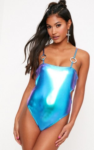 Pretty Little Thing BLUE METALLIC RING DETAIL THONG BODYSUIT, fitted strappy boddysuits