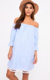 Pretty Little Thing BLUE POM POM BARDOT SHIFT DRESS – summer dresses