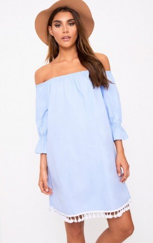 Pretty Little Thing BLUE POM POM BARDOT SHIFT DRESS – summer dresses - flipped