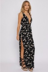 in the style CALLY BLACK FLORAL SPLIT LEG PLUNGE JUMPSUIT – plunging jumpsuits – summer fashion