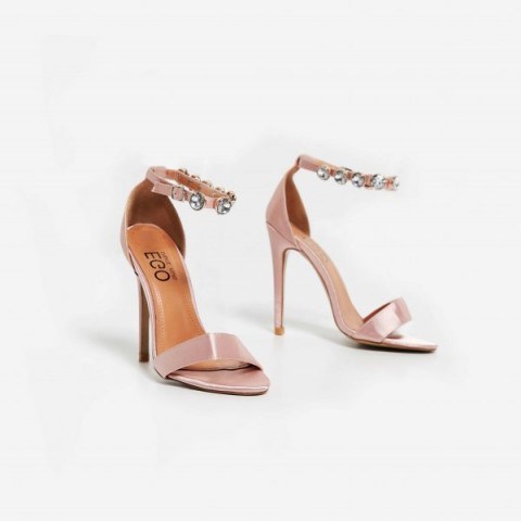 EGO Cassidy Diamante Strap Barely There Heel In Blush Satin, embellished ankle strap shoes, high heels, statement sandals - flipped