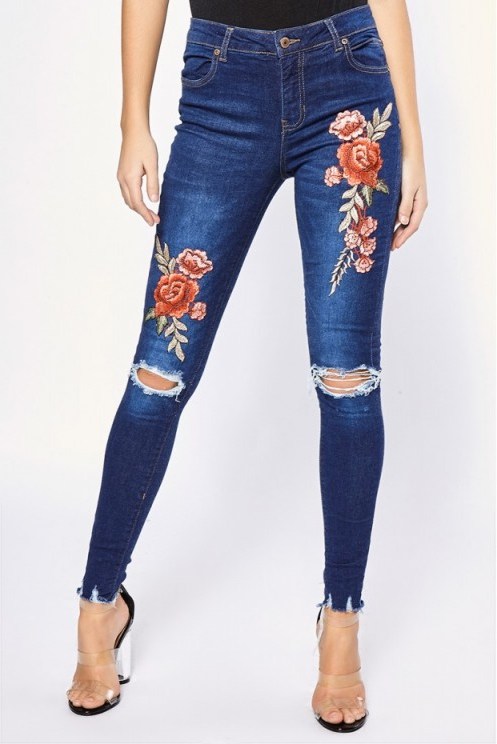 In The Style DARBIE DARK WASH FLORAL APPLIQUE SKINNY RIPPED JEANS - flipped