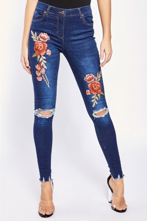 In The Style DARBIE DARK WASH FLORAL APPLIQUE SKINNY RIPPED JEANS